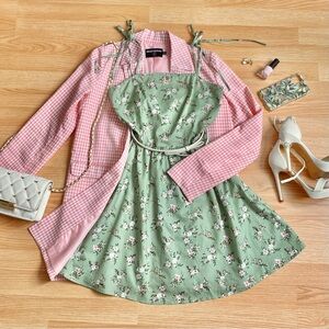Floral green summer mini dress with straps